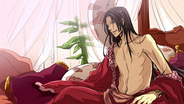 Anime picture 1024x581 with one piece toei animation boa hancock waiatto single long hair smile red eyes brown hair wide image off shoulder topless genderswap boy plant (plants) bracelet tongue pillow bed jewelry