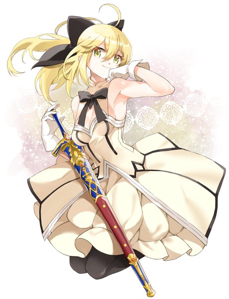 Anime picture 700x912 with fate (series) fate/grand order artoria pendragon (all) saber lily shiosoda single long hair tall image fringe blonde hair smile hair between eyes bare shoulders green eyes full body ahoge ponytail armpit (armpits) girl dress