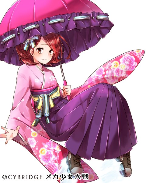 Anime picture 960x1200 with mecha shoujo taisen z sakuragi ren single tall image looking at viewer blush highres short hair simple background white background brown eyes red hair traditional clothes japanese clothes wide sleeves girl kimono umbrella sash parasol