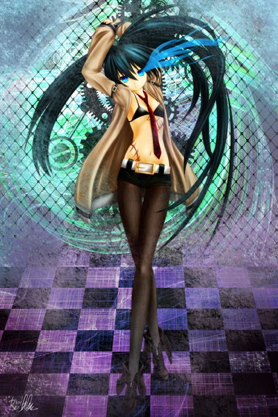 Anime picture 1024x1536 with black rock shooter steins;gate white fox black rock shooter (character) single long hair tall image blue eyes black hair twintails glowing scar glowing eye (eyes) girl pantyhose necktie shorts bikini top gears