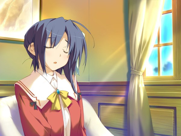 Anime picture 1600x1200 with happy margaret nishinomiya shizuru kokonoka single long hair open mouth black hair sitting game cg ahoge indoors eyes closed side ponytail girl uniform bow school uniform window