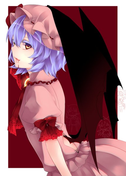 Anime picture 1000x1398 with touhou remilia scarlet yutazou single tall image short hair red eyes blue hair looking back girl dress bow wings blood bonnet