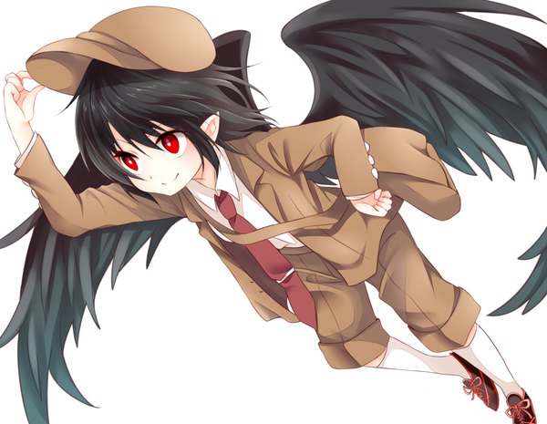 Anime picture 1600x1242 with touhou shameimaru aya shameimaru aya (newsboy) chikuwa savi single blush fringe short hair black hair simple background smile red eyes white background payot looking away bent knee (knees) pointy ears dutch angle hand on hip black wings