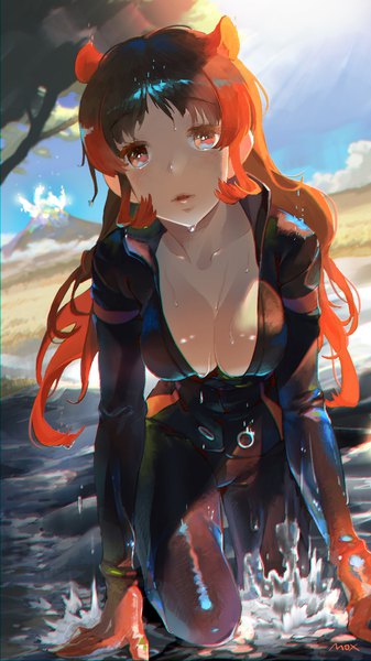 Anime picture 1080x1920 with kemono friends hippopotamus (kemono friends) moxhum single long hair tall image looking at viewer breasts light erotic black hair red eyes large breasts signed animal ears sky cleavage red hair multicolored hair sunlight two-tone hair