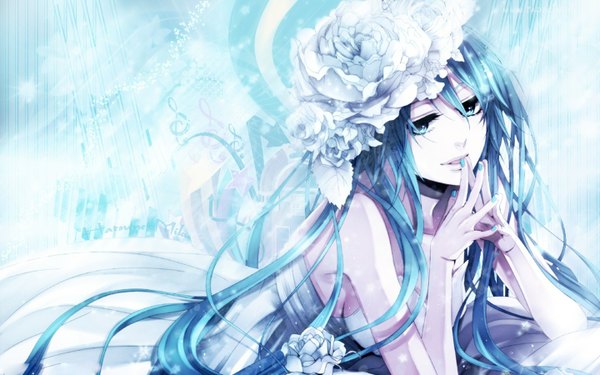 Anime picture 1440x900 with vocaloid hatsune miku sagula single long hair blue eyes wide image nail polish hair flower aqua hair wallpaper blue background reclining fingers together girl hair ornament