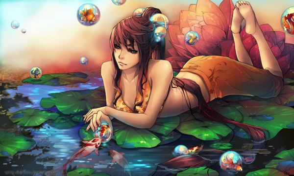 Anime picture 1280x772 with original unodu single long hair brown hair wide image ponytail lying very long hair barefoot girl flower (flowers) water bubble (bubbles) fish (fishes) water lily