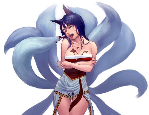 Anime picture 1949x1506 with league of legends ahri (league of legends) lasterk single long hair highres open mouth black hair simple background standing white background bare shoulders yellow eyes fox ears facial mark fox tail fox girl crossed arms multiple tails whisker markings