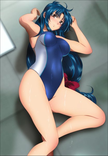 Anime picture 1200x1725 with full metal panic! gonzo chidori kaname yadokari genpachirou single long hair tall image blush light erotic brown eyes blue hair low ponytail girl bow swimsuit hair bow one-piece swimsuit competition swimsuit