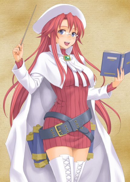 Anime picture 858x1200 with summon night summon night 3 aty (summon night) hida tatsuo single long hair tall image looking at viewer blush open mouth blue eyes red hair girl dress glasses book (books) thigh boots beret