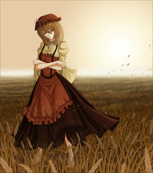 Anime picture 2082x2354 with touhou aki minoriko stainglass (artist) single tall image highres red eyes brown hair barefoot field girl dress plant (plants) hat grass
