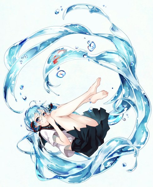 Anime picture 1000x1223 with vocaloid hatsune miku bottle miku yuzuki kihiro tall image looking at viewer blush very long hair aqua eyes aqua hair no shoes liquid hair girl skirt uniform school uniform water serafuku fish (fishes)