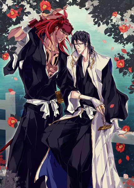 Anime picture 1275x1792 with bleach studio pierrot kuchiki byakuya abarai renji naktata long hair tall image looking at viewer short hair black hair standing sitting brown eyes ponytail red hair traditional clothes multiple boys tattoo boy hair ornament