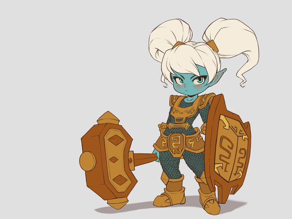 Anime picture 1600x1200 with league of legends poppy (league of legends) nestkeeper single blush fringe short hair blue eyes simple background twintails looking away white hair pointy ears grey background short twintails blue skin girl weapon armor shield