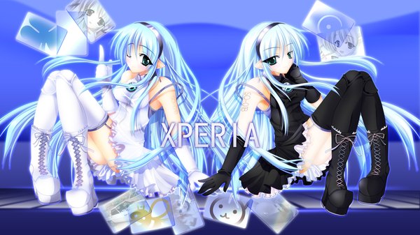 Anime picture 1920x1080 with yu-ri (noteism) long hair looking at viewer highres wide image bare shoulders multiple girls green eyes blue hair one eye closed pointy ears wink inscription girl thighhighs dress skirt gloves black thighhighs 2 girls