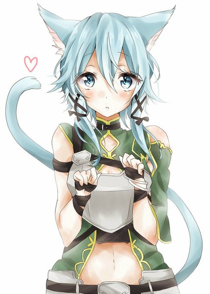 Anime picture 782x1095 with sword art online a-1 pictures asada shino chima (fusigiko) single tall image looking at viewer blush fringe short hair blue eyes simple background white background twintails bare shoulders animal ears blue hair upper body tail animal tail