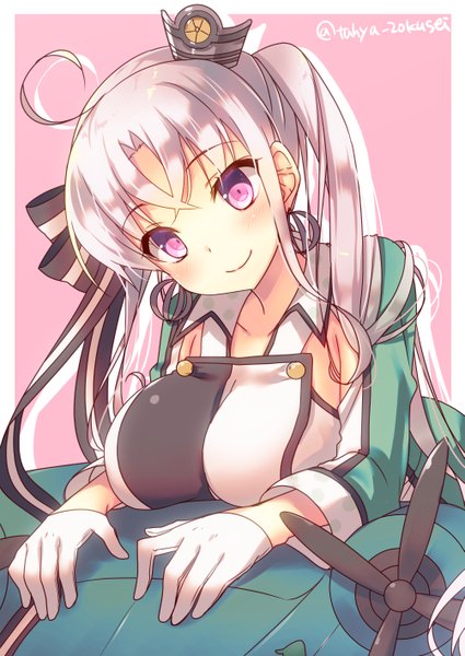 Anime picture 1003x1416 with kantai collection akitsushima seaplane tender tahya single long hair tall image looking at viewer blush fringe breasts light erotic smile large breasts purple eyes twintails signed ahoge white hair pink background girl