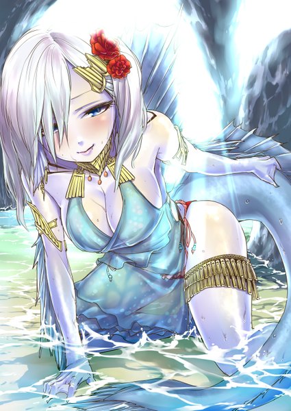 Anime picture 2149x3035 with original nekotama1987 single long hair tall image highres breasts blue eyes light erotic large breasts cleavage white hair tail teeth fang (fangs) monster girl girl dress hair ornament water