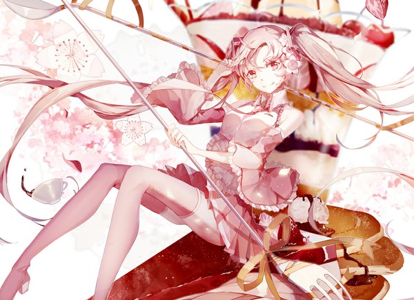 Anime picture 1000x726 with vocaloid hatsune miku sakura miku mamenomoto single looking at viewer smile pink hair very long hair pleated skirt pink eyes hair flower zettai ryouiki minigirl girl skirt hair ornament flower (flowers) ribbon (ribbons) miniskirt