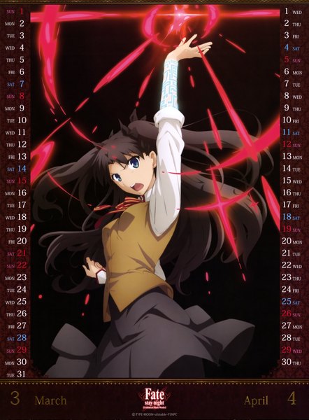 Anime picture 4968x6737 with fate (series) fate/stay night type-moon toosaka rin long hair tall image highres open mouth blue eyes black hair absurdres scan official art magic calendar 2015 girl skirt uniform bow hair bow