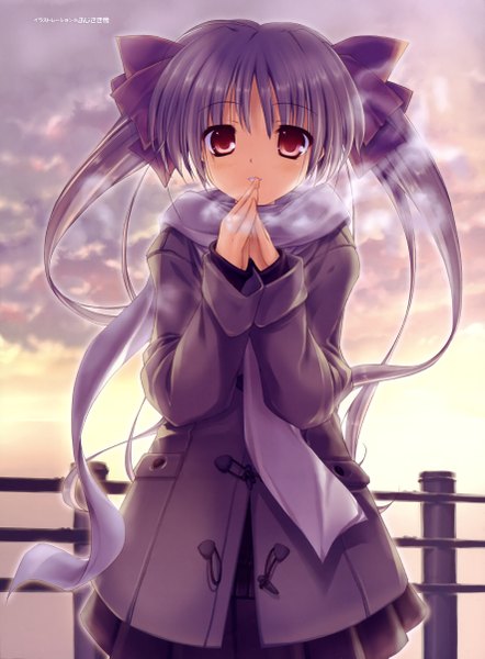 Anime picture 3541x4801 with original fujisaki rei single long hair tall image highres red eyes twintails absurdres purple hair exhalation girl skirt bow hair bow miniskirt jacket scarf