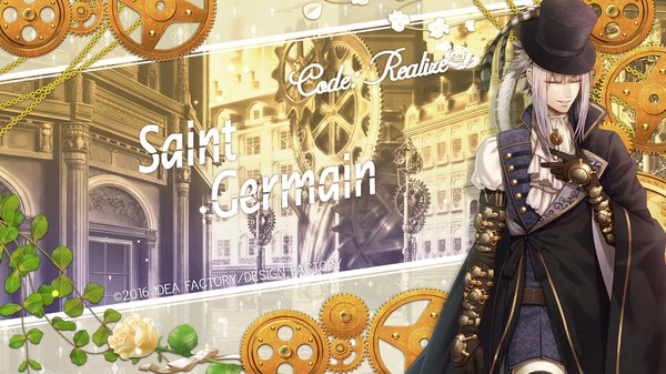 Anime picture 1920x1080 with code: realize ~sousei no himegimi~ saint germain miko (artist) single fringe highres short hair smile wide image standing payot blunt bangs eyes closed light smile grey hair official art wallpaper copyright name character names city