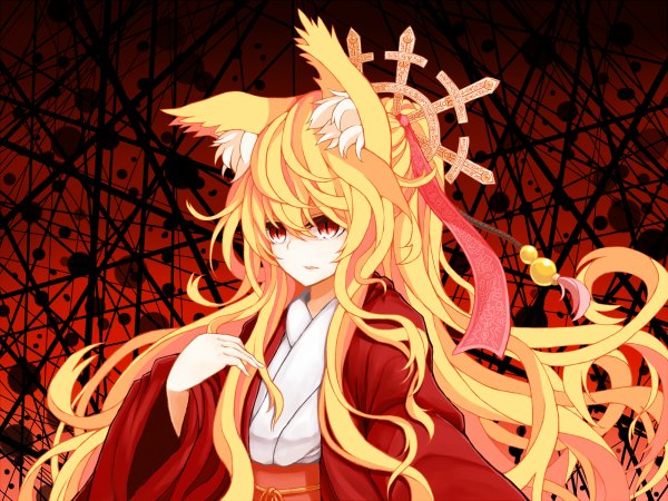 Anime picture 1200x900 with original azure luna single long hair blonde hair red eyes animal ears traditional clothes fox ears fox girl girl hair ornament