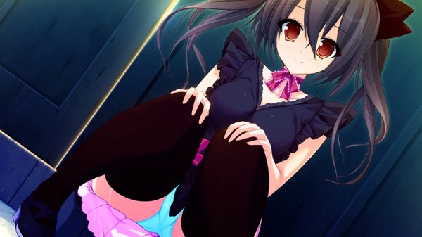 Anime picture 1280x720 with tiny dungeon (game) rosebleu single light erotic black hair wide image twintails brown eyes game cg pantyshot pantyshot sitting girl thighhighs underwear panties black thighhighs