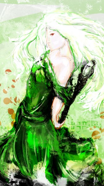 Anime picture 1080x1920 with guild wars: eye of the north (game) allmore (artist) single long hair tall image red eyes looking away white hair profile lips inscription necromancer girl dress staff