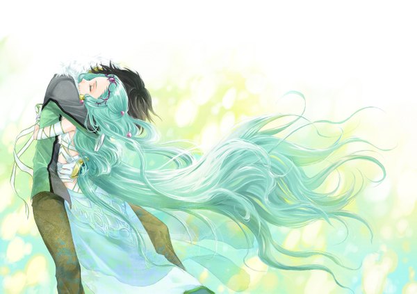 Anime picture 1363x963 with tales of hearts hisui hearts richea spodune beri (artist) long hair short hair smile brown hair eyes closed sunlight aqua hair couple hug girl dress boy gloves hair ornament bandage (bandages)