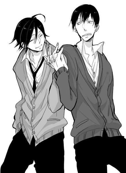 Anime picture 585x800 with yowamushi pedal sangaku manami arakita yasutomo yomimatigai tall image short hair simple background smile white background looking away ahoge eyes closed multiple boys holding hands monochrome open collar ^ ^ hand in pocket shounen ai interlocked fingers