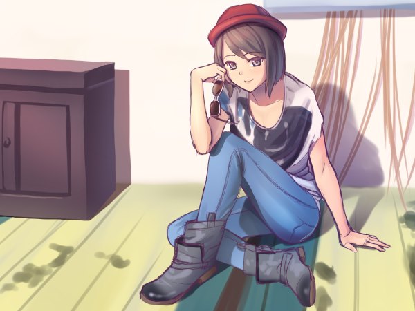 Anime picture 2400x1800 with original hyui cf2 single fringe highres short hair smile brown hair sitting purple eyes holding indoors arm support shadow floor bob cut sunglasses removed girl hat sunglasses