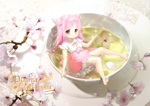 Anime picture 3035x2149 with original miteddy single long hair looking at viewer blush fringe highres twintails pink hair absurdres bent knee (knees) pink eyes barefoot hair flower from above light smile bare legs shadow wet