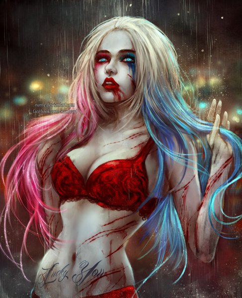 Anime picture 1000x1232 with batman suicide squad dc comics harley queen nanfe single long hair tall image blue eyes light erotic blonde hair multicolored hair tattoo underwear only lipstick gradient hair looking up rain eyeshadow makeup