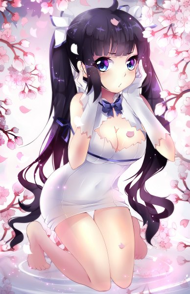 Anime picture 776x1200 with dungeon ni deai wo motomeru no wa machigatteiru darou ka j.c. staff hestia (danmachi) squchan single long hair tall image fringe breasts blue eyes light erotic twintails cleavage cleavage cutout rei no himo girl dress gloves ribbon (ribbons) white gloves