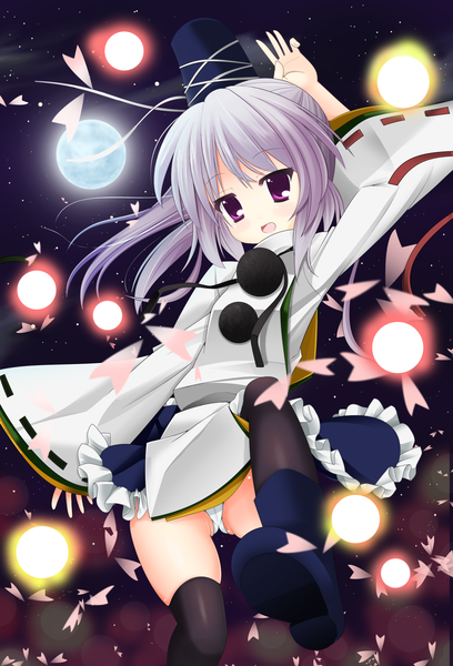 Anime picture 1735x2550 with touhou mononobe no futo snowcanvas single long hair tall image highres purple eyes white hair girl thighhighs black thighhighs petals cap