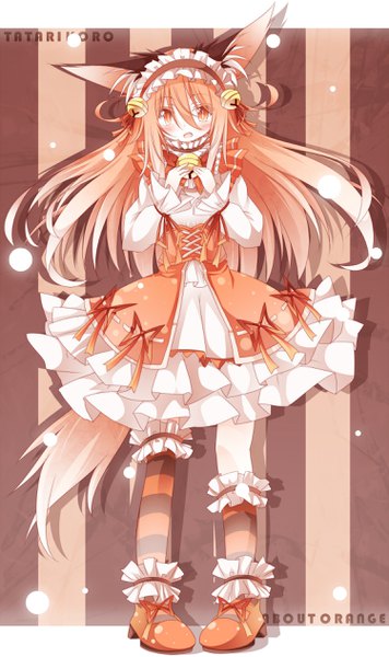 Anime picture 1500x2526 with original daidai ookami single long hair tall image looking at viewer blush fringe open mouth hair between eyes standing animal ears payot full body tail :d animal tail orange hair inscription orange eyes