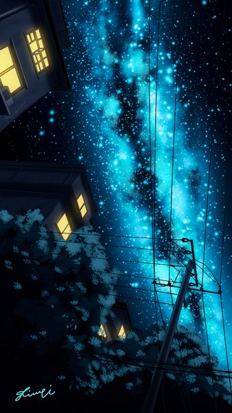 Anime picture 1080x1920 with original liwei191 tall image signed sky night night sky light no people milky way plant (plants) tree (trees) building (buildings) star (stars) wire (wires) house roof pole galaxy