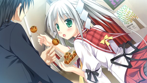 Anime picture 1280x720 with timepiece ensemble tsukiyono chiara sesena yau long hair blush short hair open mouth black hair wide image twintails green eyes game cg white hair couple girl boy uniform school uniform food takoyaki