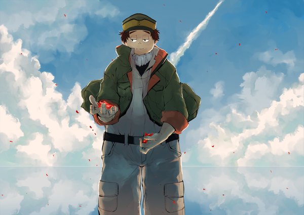 Anime picture 3541x2508 with mobile suit gundam gundam tekketsu no orphans sunrise (studio) biscuit griffon sarumaru single highres short hair brown hair green eyes looking away absurdres sky cloud (clouds) wind open jacket outstretched arm reflection horizon boy