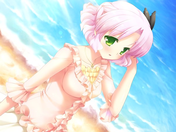 Anime picture 1024x768 with cafe sourire cuffs (studio) mizushima kasumi short hair green eyes pink hair game cg girl dress