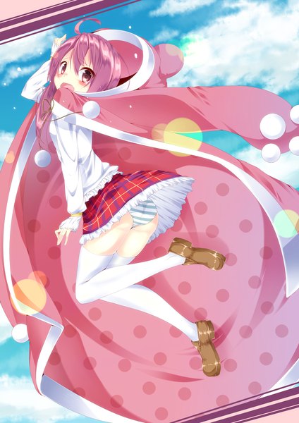 Anime picture 2893x4092 with twinkle crusaders macaron (twinkle crusaders) horikazu single long hair tall image blush highres open mouth light erotic red eyes pink hair ahoge ass pantyshot girl thighhighs skirt underwear panties