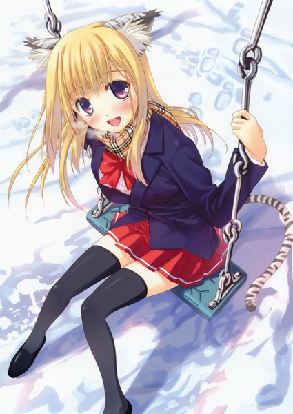 Anime picture 2863x4046 with amakusa tobari single long hair tall image blush highres open mouth blonde hair red eyes sitting animal ears tail :d animal tail exhalation tiger ears tiger tail girl thighhighs skirt