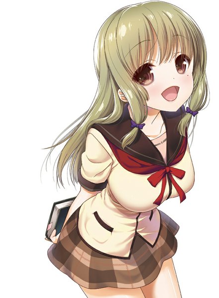 Anime picture 649x882 with jinsei kujou fumi nanase meruchi single long hair tall image looking at viewer blush fringe open mouth simple background white background brown eyes green hair mole leaning leaning forward mole under eye plaid skirt short twintails