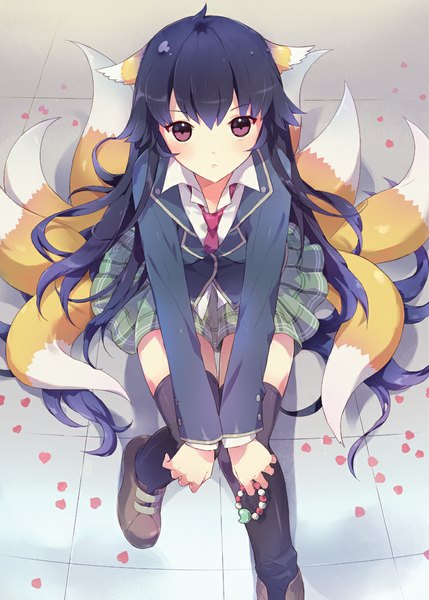 Anime picture 750x1049 with original tiru (artist) single long hair tall image looking at viewer blush fringe black hair red eyes sitting animal ears bent knee (knees) tail animal tail pleated skirt from above fox ears fox tail fox girl