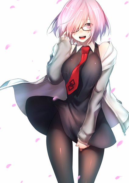 Anime picture 1413x2000 with fate (series) fate/grand order mash kyrielight rahato single tall image looking at viewer blush fringe short hair breasts open mouth simple background hair between eyes standing white background purple eyes pink hair :d wind