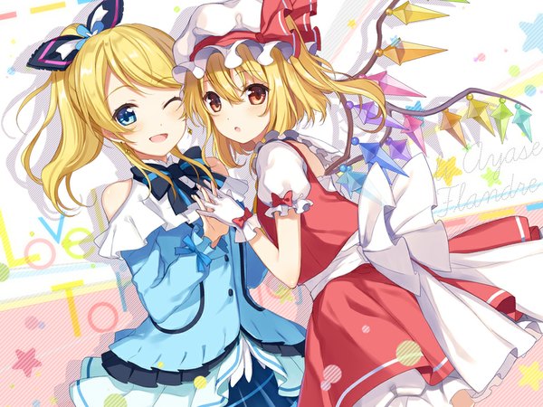 Anime picture 1024x768 with love live! school idol project touhou sunrise (studio) love live! flandre scarlet ayase eli 6u (eternal land) looking at viewer blush short hair open mouth blue eyes blonde hair smile red eyes multiple girls ponytail one eye closed wink one side up