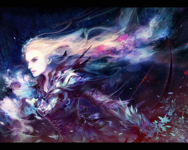 Anime picture 1280x1024 with original blazewu long hair blue eyes blonde hair wind dark background pale skin framed lacing girl plant (plants) armor insect butterfly feather (feathers) corset bow (weapon) arrow (arrows)