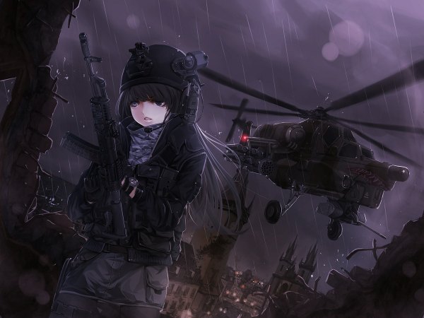 Anime picture 1200x900 with call of duty koh (minagi kou) long hair black hair black eyes rain girl gloves uniform weapon gun military uniform clock helmet pocket watch rifle headset assault rifle wristwatch holster