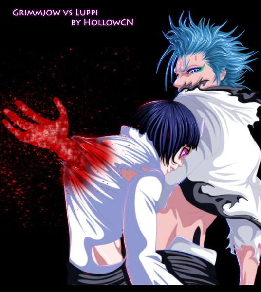 Anime picture 900x1007 with bleach studio pierrot grimmjow jeagerjaques luppi antenor hollowcn tall image short hair blue eyes simple background blue hair traditional clothes japanese clothes profile pink eyes inscription coloring torn clothes black background letterboxed battle