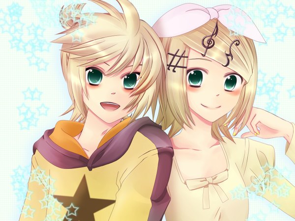 Anime picture 1536x1152 with vocaloid kagamine rin kagamine len agi (kankarado) looking at viewer fringe short hair open mouth blonde hair smile green eyes upper body ahoge puffy sleeves blue background siblings twins star print brother and sister girl